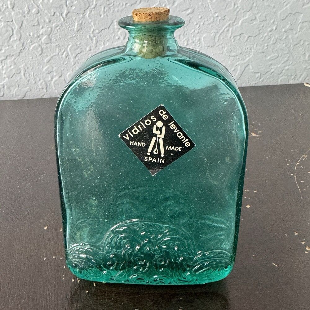 Vidrios De Levante Vintage Hand Made Glass Bottle Flask Embossed Green Signed